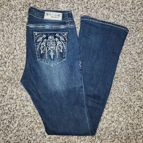 Grace in LA Women’s Easy Fit Mid-Rise Bootcut Jeans Feather Embroidery Bling Siz - Picture 5 of 14